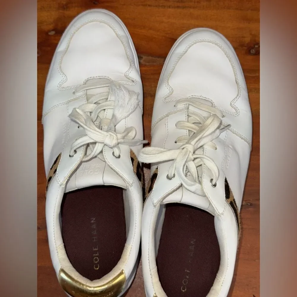 Cole Haan GrandPro Leather Sneakers Leopard Trim White Gold 10.5B